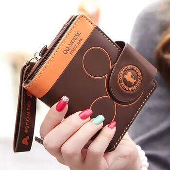 Miaopule women's wallet short thin soft leather large capacity simple folding cartoon zipper card holder student coin purse coffee