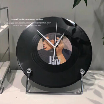 Wei ci vinyl record desktop table clock ins wind base pendulum clock ornaments retro clock diy birthday gift jay record 30cm+movement hand+metal bracket