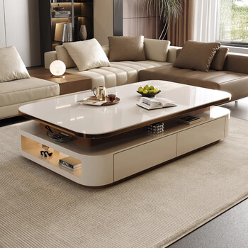 Creative and light luxury new rectangular coffee table for large apartments, high-end glossy slate double-layer coffee table and tv cabinet combination slate double-layer coffee table (1.4*0.8*0.45)