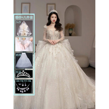 Wenmi wedding dress bridal main yarn 2025 high-end heavy industry trailing autumn and winter dress new texture style french retro long-sleeved white floor-length style <wedding dress + 8-piece set> s weighs about 90 pounds