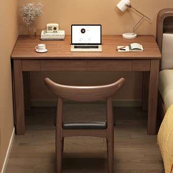 Hut wood language solid wood narrow desk simple home computer desk student bedroom study table adult office desk small apartment writing desk walnut color single table + horn chair bold and thickened 80x45x75cm single drawer