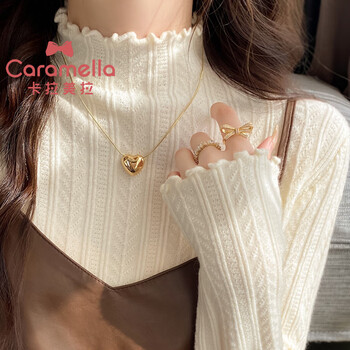 Caramella warm top autumn and winter double-sided brushed wood ear-hem sweater with knitted sweater half turtleneck bottoming shirt for women