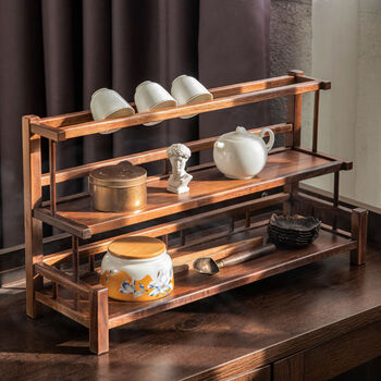 North american black walnut solid wood bogu rack small ornaments tea set tea cup desktop storage rack kung fu purple clay pot rack type a (length 50 width 16 height 27)