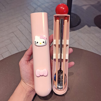 Mi ling's new 304 stainless steel chopsticks and spoon set student tableware set of two-piece storage box for office workers dopamine tableware - pink (three-dimensional stickers)