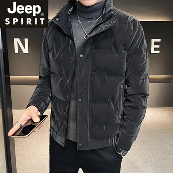 Jeep spirit fashion 2025 casual stand collar short white duck down jacket men's trendy lightweight medium thick down jacket slim and handsome black l +