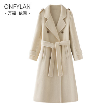 Wanfu yilan woolen coat women's mid-length 100% wool 2025 autumn and winter woolen coat belt loose beige s