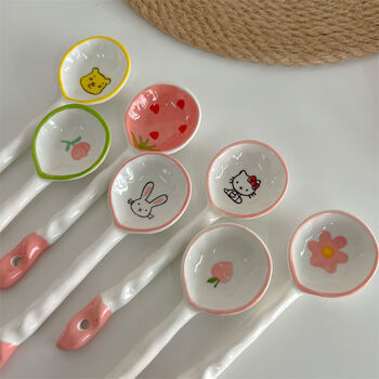 Qinkai japanese ceramic spoon cute long handled spoon cartoon spoon dessert spoon drinking spoon household rice spoon mix and match spoon (please note the color from customer service) 1 pack