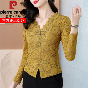 Pierre cardin light national style buckle lace bottoming shirt for women, long-sleeved autumn and winter slim fit short inner shirt, foreign style mom top, yellow m 85-100 pounds