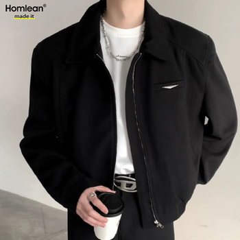 Homlean american high street handsome jacket men's autumn and winter cleanfit shoulder pads wide short lapel jacket hc21 black l
