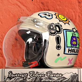 Jef taiwan retro motorcycle helmet half helmet 3c graffiti high-looking electric vehicle universal three-quarter helmet parent-child colorful holiday + ultra-clear bubble mirror m (55-56 head circumference)