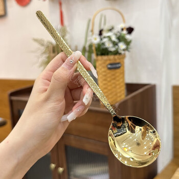 316-grade stainless steel drinking spoon for main meals and western food spoons with hammered round head, hammered round head spoon, golden gloss, 1 piece