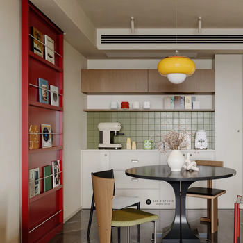 Red magazine ghost door, medieval bauhaus kitchen and bathroom sliding door, sliding door, bookshelf door, newspaper suspended door, painted bookshelf ghost door