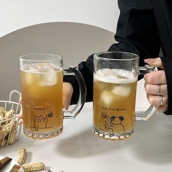 He jiagong's original large-capacity draft beer glass household craft beer glass with handle juice drink iced coffee cup commercial repair cat beer mug with handle