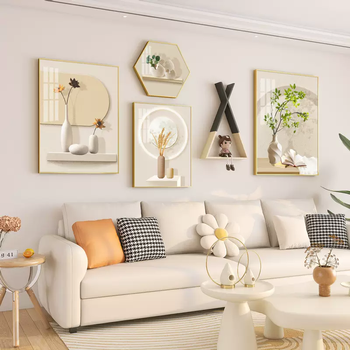 Yusenyi living room luxurious decorative painting north combination simple light background wall mural modern painting sofa high-end european style plant elegant time c gold small size suitable for sofa about 2 meters pvc round corner painting frame 4 pieces - triangular shelf (ornaments on the shelf are not included)