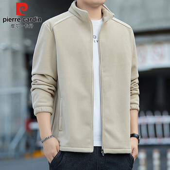 Pierre cardin jacket men's autumn and winter fleece jacket men's stand collar solid color polar fleece warm men's khaki 2xl
