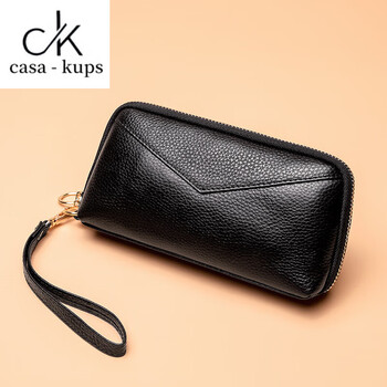Casa-kupsck genuine leather wallet women's long 2025 new fashion simple stitching clutch bag women's first layer cowhide mobile phone zipper black