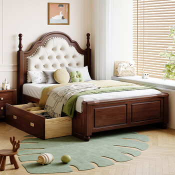 Mu shi mu ke american solid wood children's bed for boys and girls, single simple 1.2m 1.35m student room cream princess bed bed + coconut palm mattress 1350mm*2000mm box frame structure