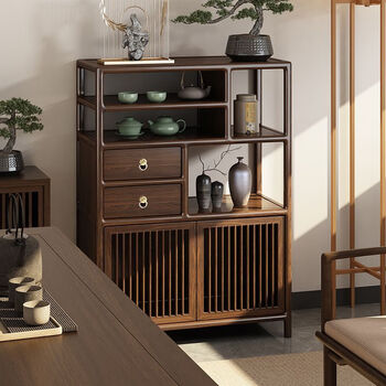 New chinese style bogu rack black gold duobao pavilion solid wood display cabinet low cabinet tea room side cabinet tea tea cabinet all solid wood tea cabinet 80*35*120 black walnut color