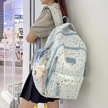 Kangaroo school bag for female junior high school students and high school students large capacity graffiti star backpack ins style college student computer backpack blue with puppy pendant