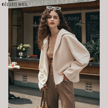 Olrain suede hooded short jacket women's autumn casual top cream apricot (second batch) m