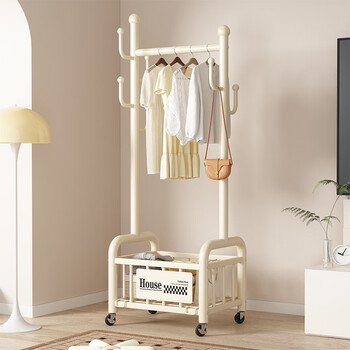 Wooden multifunctional clothes rack floor-standing bedroom coat rack balcony indoor home simple bedside mobile storage clothes rack 32 round 40cm cream white