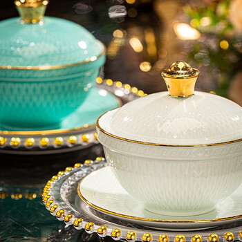 Mochi jingdezhen underglaze color ceramic water-proof stew pot for home use and hotel use with lid and tray for steamed egg and bird's nest special stew pot nilan diamond ingot stew pot