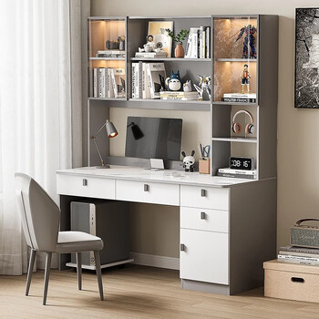 Zuoshan solid wood desk student home bookshelf bookcase all-in-one desk computer desk bedroom home desk with drawer study table right cabinet high-grade gray 120*60*190cm