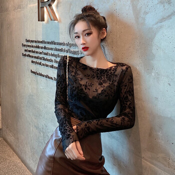 Yalu black bottoming shirt for women spring and autumn mesh lace tight unique sexy long-sleeved t-shirt inner top 2025 new black one size