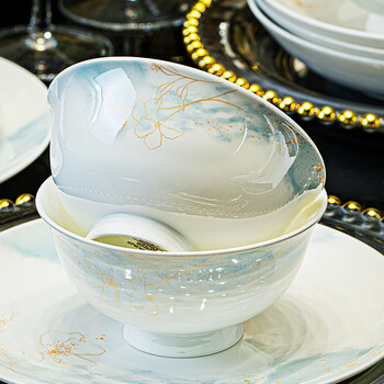 Guoyue jingdezhen bone china bowls and plates tableware household bowls complete set of underglaze colored bowls and plates combination light luxury housewarming gift bowls and chopsticks muyun liunian 5-inch tall bowl 1