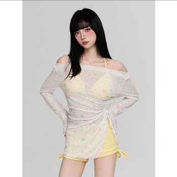 Bai qixin swimsuit women's separate high-end long-sleeved seaside vacation three-piece cover-up to cover the belly and look slim pure sexy sexy swimsuit summer tender yellow star three-piece suit one size 70-120 pounds