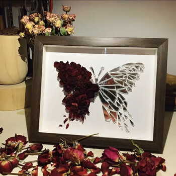 Oeindiy handmade gift mirror fragments butterfly ornaments photo frame rose high-end lens diy girlfriend princess finished product high-end hollow frame + rose dried flower half mirror material wrapped butterfly hollow walnut color 15*20 large