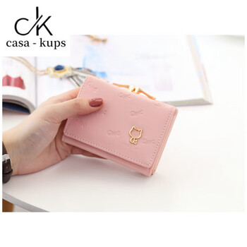 Casa-kupsck small wallet women's short 2025 new simple small fresh student card bag coin purse cute cat wallet pink