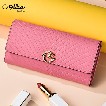 Goldlion women's wallet 2025 latest genuine leather long card holder two-in-one fashionable high-end light luxury simple style rose red officially authorized authentic 190*95*35mm