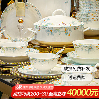 Xmsj jingdezhen bone china bowls and plates tableware set household ceramic tableware complete set chinese dishes housewarming bowls and chopsticks gift xiangman courtyard 56 heads