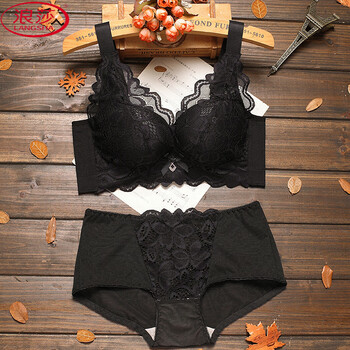 Langsha big red underwear women's wireless small breast thickened cup push up bra set sexy lace bra thin black set 75a 34a thick