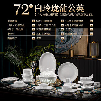 Tao xianghui ceramic dish set housewarming gift complete set of plates and bowls high-end chinese jingdezhen exquisite white porcelain 72-piece tableware 72-piece white exquisite dandelion for 10 people