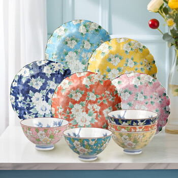 Minoware japanese imported underglaze hibiscus bowl and plate set for household exquisite dishes and tableware combination 13.5cm bowl + 21cm deep plate 10-piece set