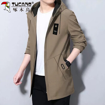 Woodpecker (tucano) coat men's autumn and winter casual loose mid-length windbreaker jacket men's hooded korean top khaki xl