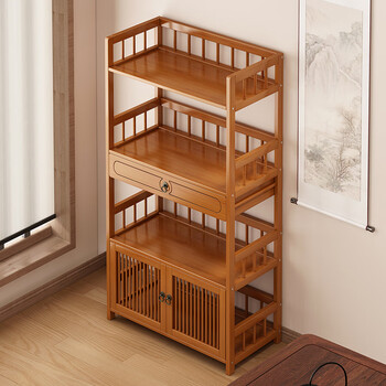 Baizhong tea rack storage rack bamboo non-solid wood tea rack storage cabinet living room small bogu rack tea room multi-layer tea set rack three-layer simple style 50 long