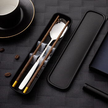 Jiaqi portable tableware chopsticks spoon set student office worker tableware box portable chopsticks spoon fork silver style - wooden chopsticks + spoon comes with box