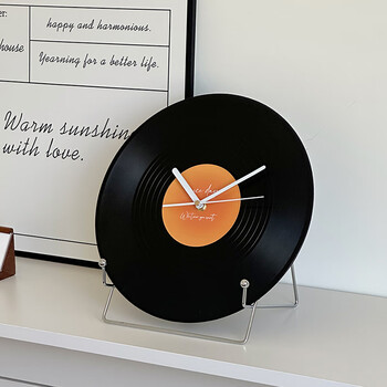 Aibido retro vinyl record clock creative wall clock living room office desk desktop ornament wine cabinet tv wall decoration sunset record clock + metal stand (free battery