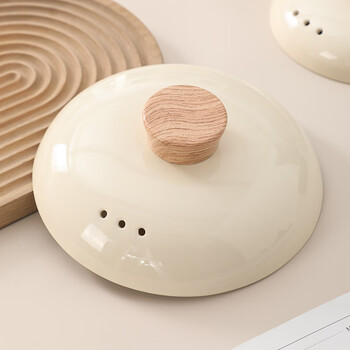 Clay pot lid ceramic pot lid anti-spill and anti-scalding wooden citron handle round casserole pot lid stew pot lid thickened soup pot lid diameter about 25 points 9cm bright beige shallow pattern pot lid with stainless steel sheet