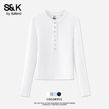 Baleno s&k series bottoming shirt t-shirt women's autumn and winter new half-open collar slim long-sleeved inner top with temperament white#solid color soft and skin-friendly l