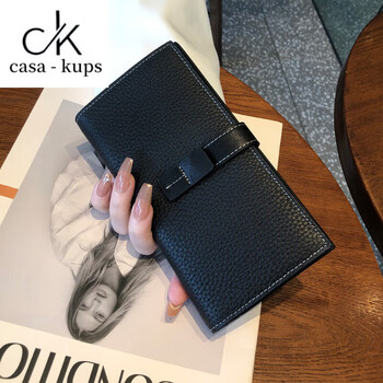 Casa-kupsck new wallet women's long genuine leather buckle with multiple card slots for mobile phone contrast color large capacity first layer cowhide wallet black