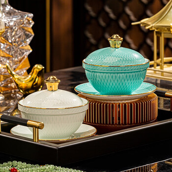 Mochi jingdezhen underglaze color ceramic water-proof stew pot for home use and hotel use with lid and tray for steamed egg and bird's nest special stew pot shadow blue and white diamond stew cup