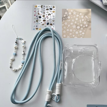 Mini12 transparent shell instax crystal shell polaroid hard shell camera protective shell shell chain trendy transparent shell + blue and white crossbody rope + hanging chain + sticker polaroid mini12 protective case
