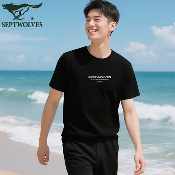 Septwolves 7a antibacterial 100% cotton men's short-sleeved t-shirt men's round neck cotton sweatshirt sweatshirt bottoming shirt cultural shirt black xl (175) (recommended 120-140 pounds)