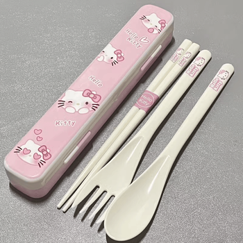 Perfect kt cat tableware three-piece set for students, portable cartoon spoon and chopsticks set for single use, cute for starting school hello kitty three-piece tableware set - random pattern_including spoon_fork_chopsticks