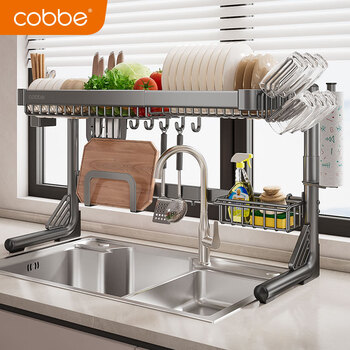 Cobbe sink rack kitchen multi-functional storage rack stainless steel countertop dish storage rack sink dishwashing rack dish rack gun gray - fully equipped - single layer retractable