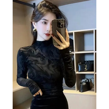 Yalu european fashion fashionable high-neck long-sleeved t-shirt for women 2025 autumn and winter new embroidered slim fit inner layering shirt black xl